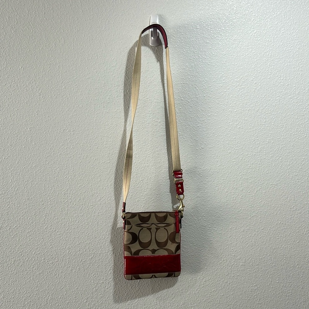 Coach Signature Brown Canvas Crossbody Burgundy Red Stripe Leather Bag
